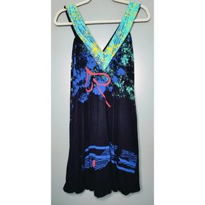 Paramita Black/Blue/Green Deep V-Neck Mini Dress Size EU 38/ US M